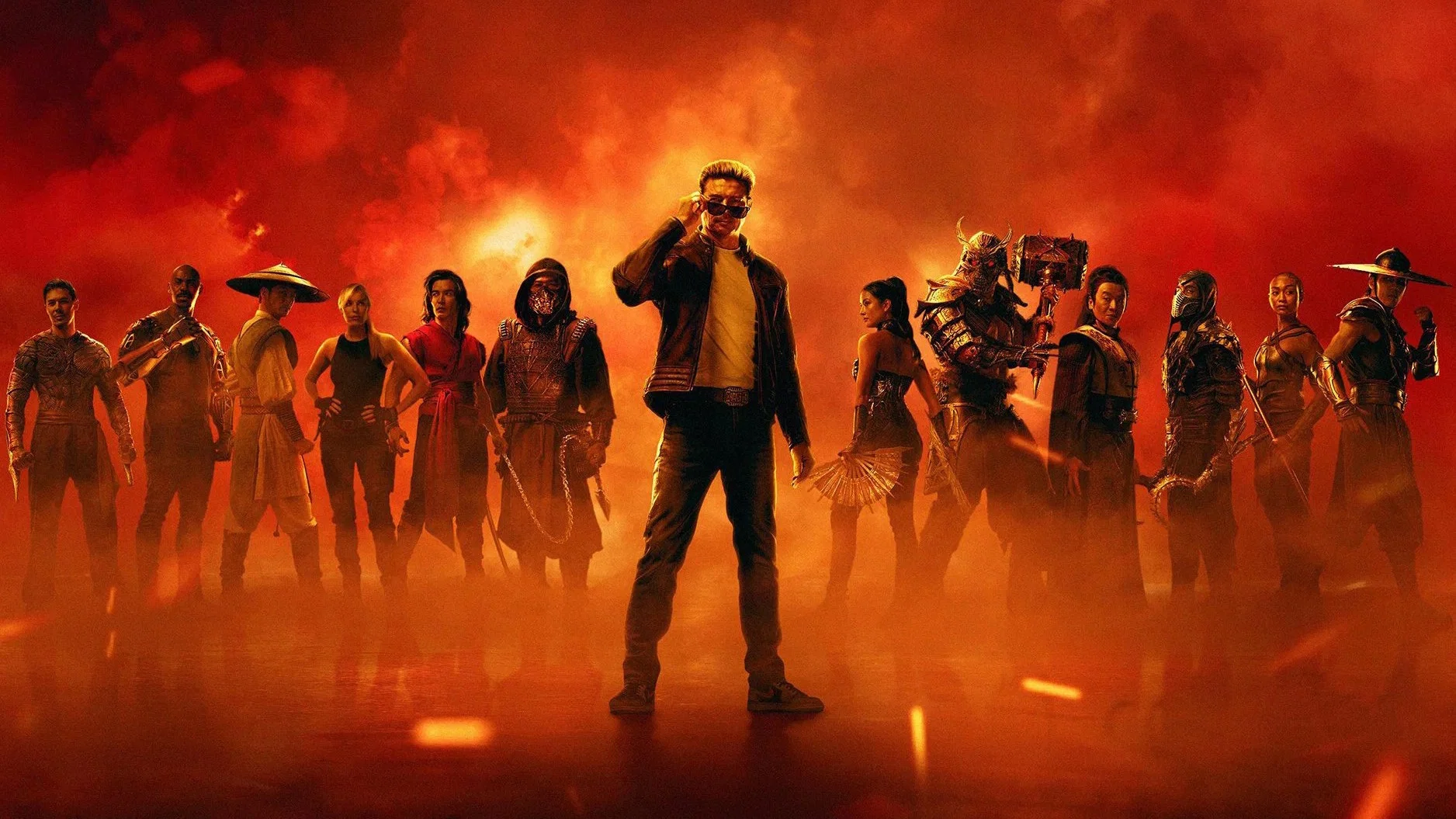 Mortal Kombat II poster featuring Johnny Cage, Scorpion, Liu Kang, Sonya Blade, Shao Kahn, Kitana, Jade and other fighters in a fiery tournament-style lineup.